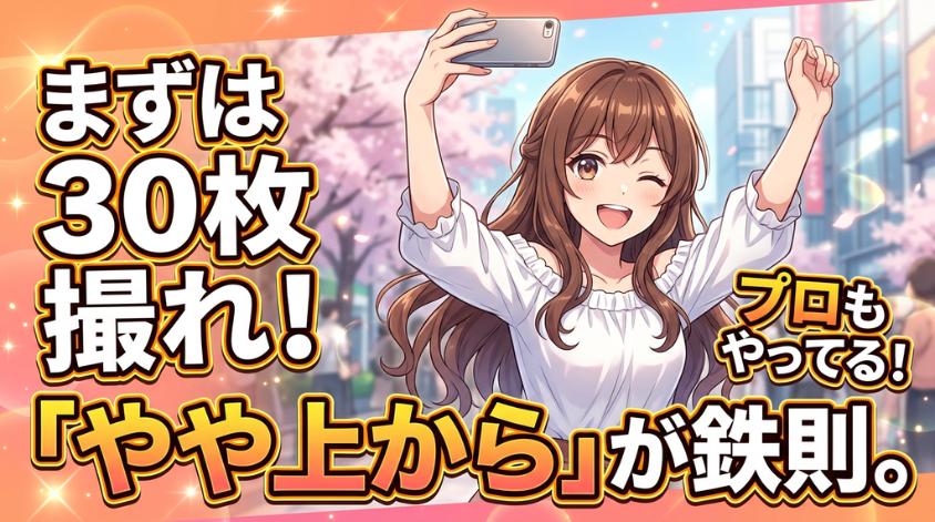 やや上からの写真で小顔効果を狙う