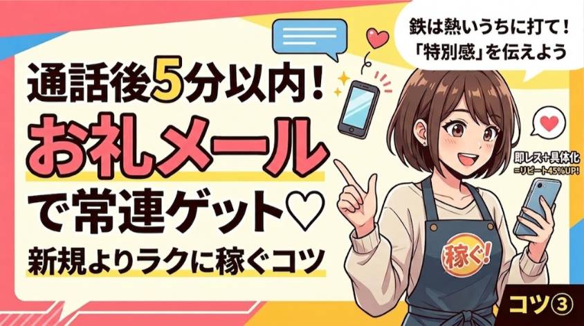 お礼メールは5分以内に送って常連をゲット